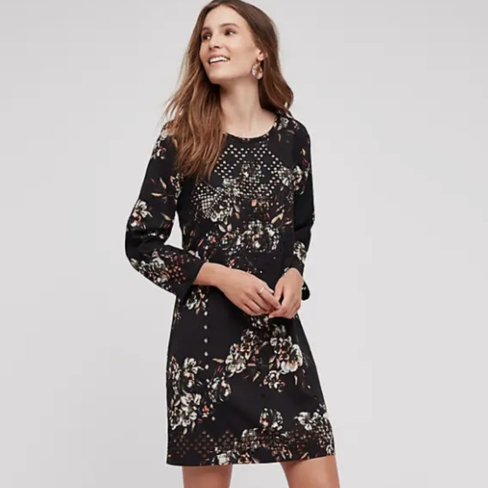 Ranna Gill black patterned mini dress with cutwork detail zip back w nude lining